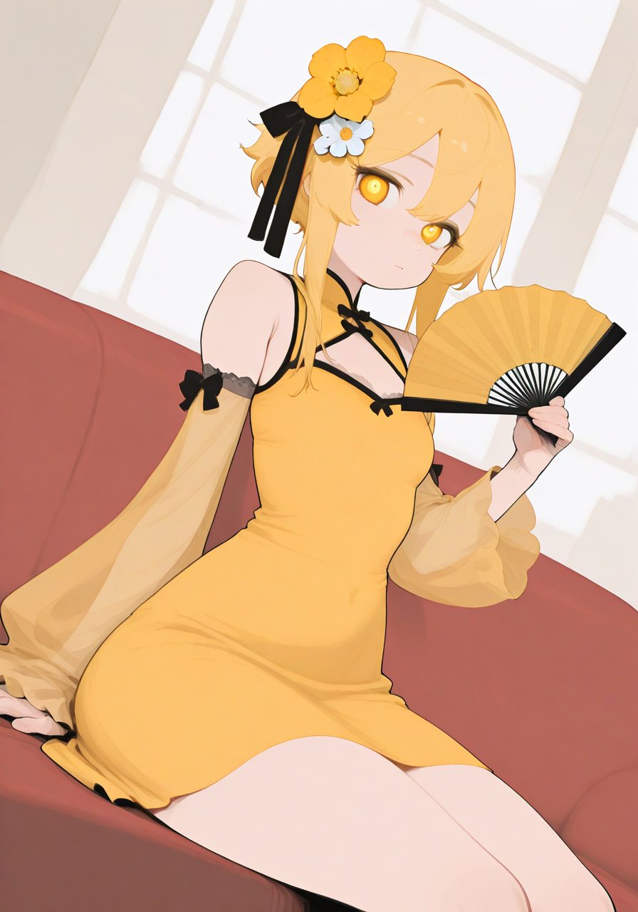 17632-1270637352-1girl, alternate costume, bare shoulders, black bow, blonde hair, bow, couch, detached sleeves, dress, flower, folding fan, hair.png